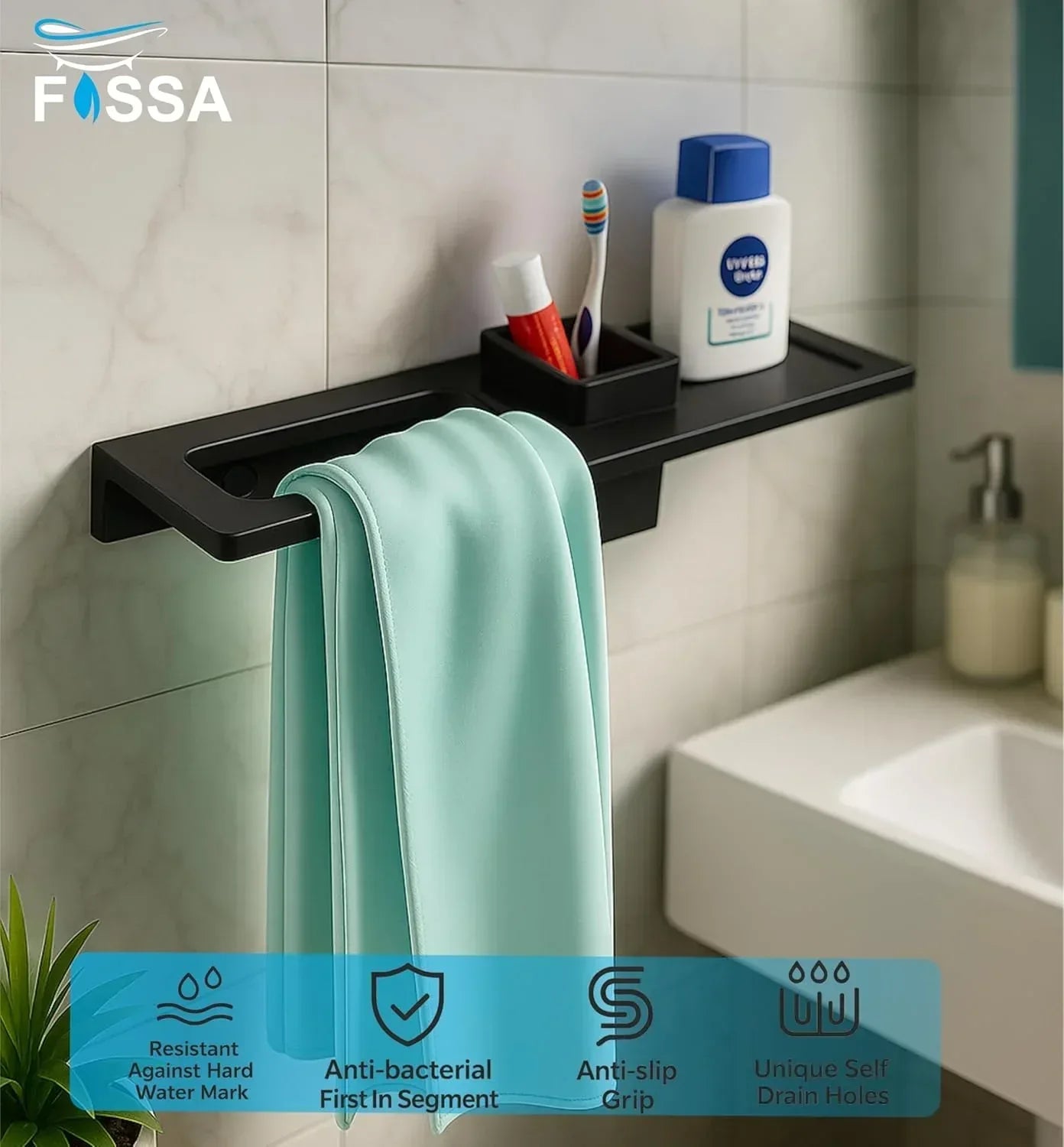 Glossy black ceramic towel ring and brush holder, wall-mounted modern bathroom accessory — view 2