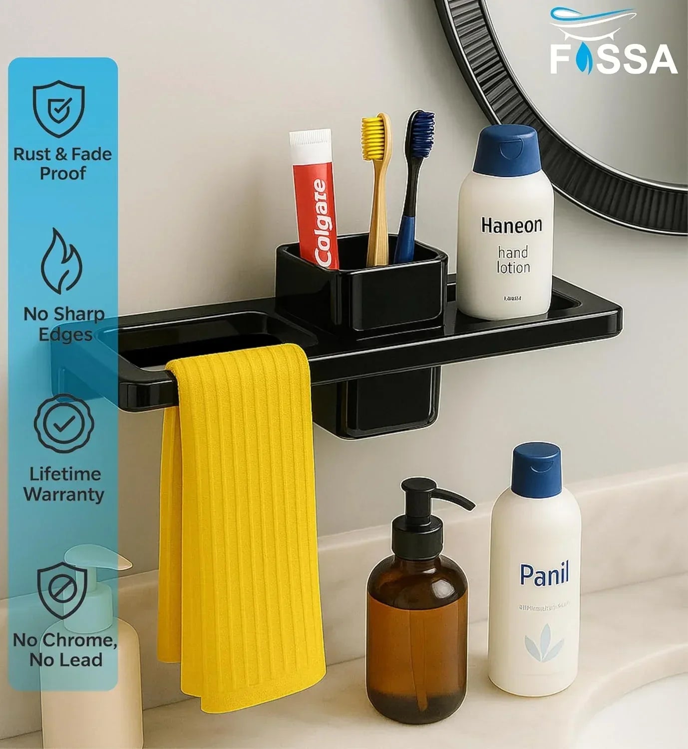 Glossy black ceramic towel ring and brush holder, wall-mounted modern bathroom accessory — view 3