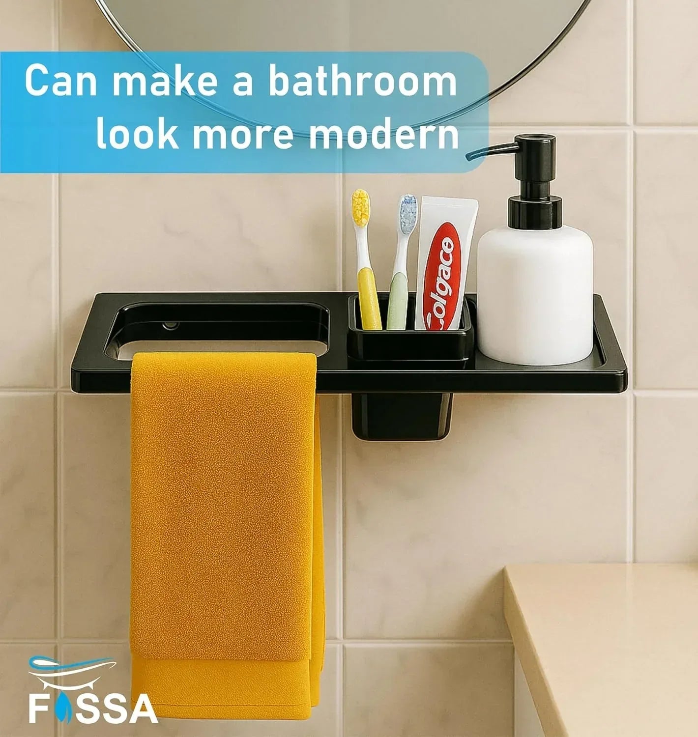 Glossy black ceramic towel ring and brush holder, wall-mounted modern bathroom accessory — view 5