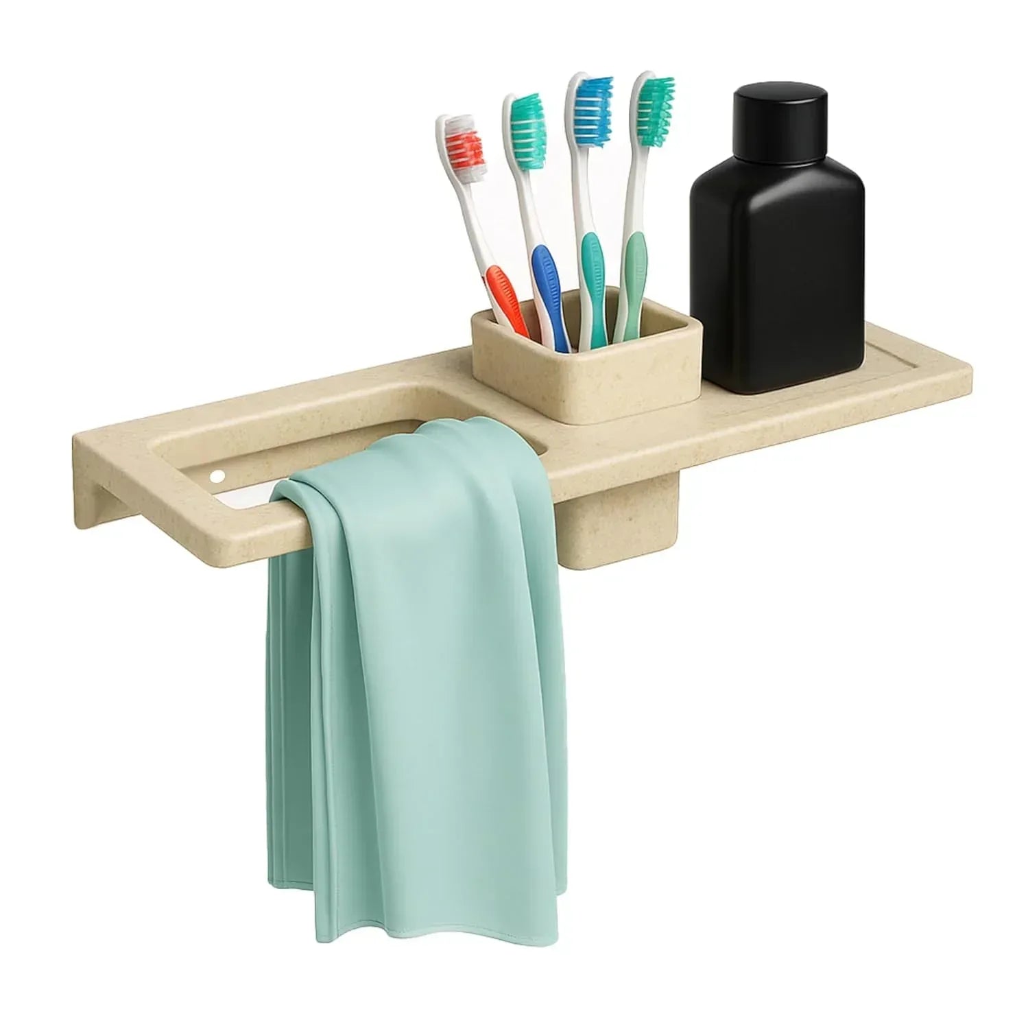 Glossy ivory ceramic towel ring and brush holder, wall-mounted bathroom organizer accessory.