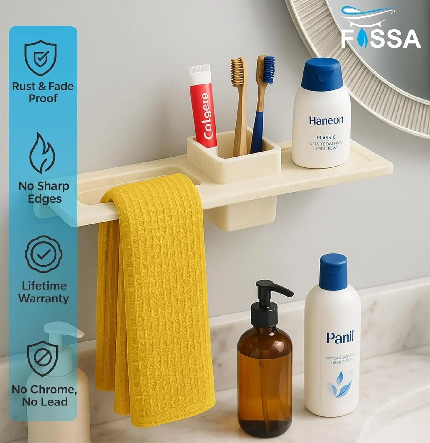 Glossy ivory ceramic towel ring and brush holder, wall-mounted bathroom organizer accessory. — view 2