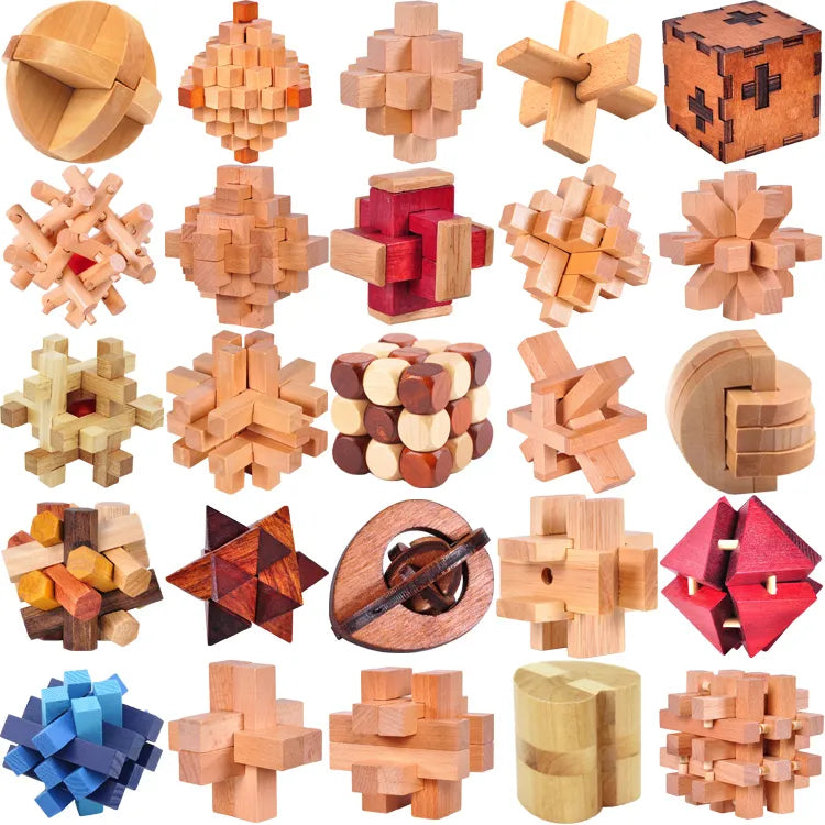 Classic wooden puzzle with four colorful geometric cubes displayed in a custom rectangular wood frame
