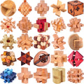 Classic wooden puzzle with four colorful geometric cubes displayed in a custom rectangular wood frame