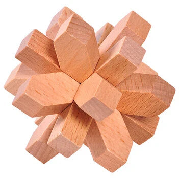 Classic wooden puzzle with four colorful geometric cubes displayed in a custom rectangular wood frame — view 2