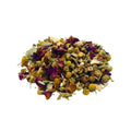 Peachy chamomile loose leaf herbal tea blend with dried flowers and sweet peach pieces