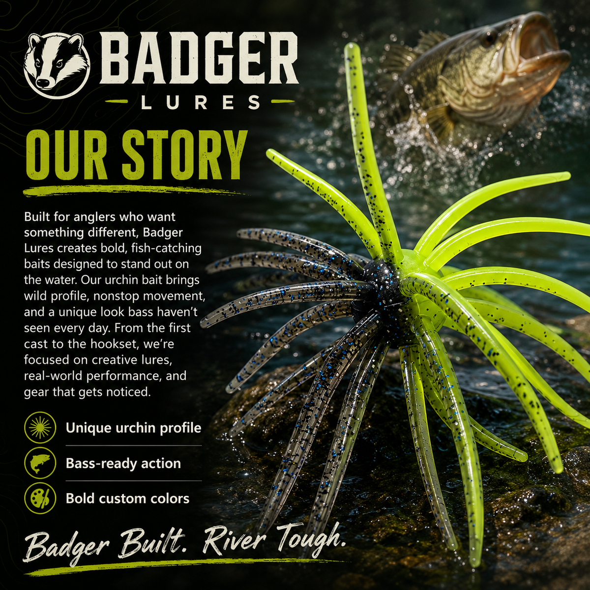 Badger Urchin Bait 20mm TPE – UV Reactive Green Pumpkin Chartreuse-3