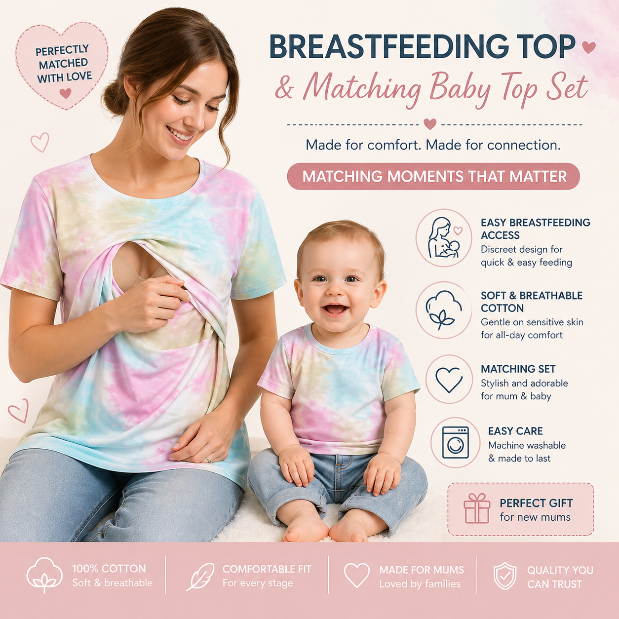 Cotton tie dye breastfeeding top and matching kids shirt set in soft breathable fabric