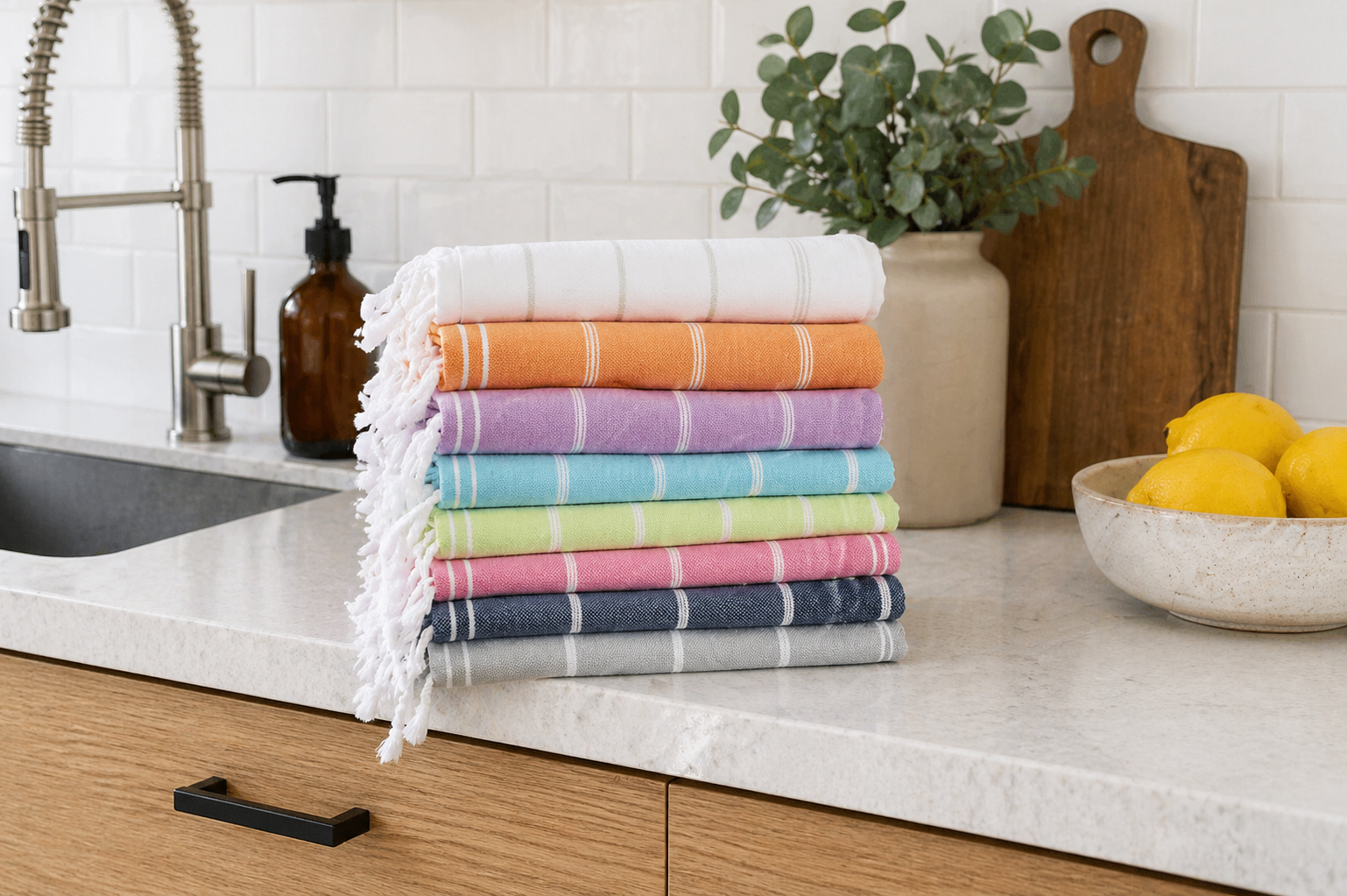 Lightweight organic Turkish cotton hand towel featuring natural fringe detailing for modern bathroom and travel use