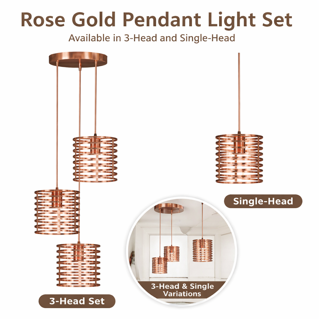 Rose gold pendant light with industrial metal wire cage lampshade and adjustable hanging cable
