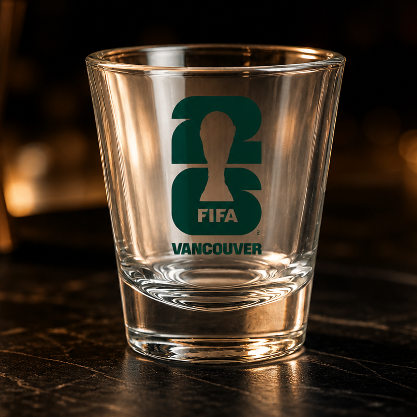 Official green Vancouver FIFA World Cup 2026 commemorative shot glass for home bar display