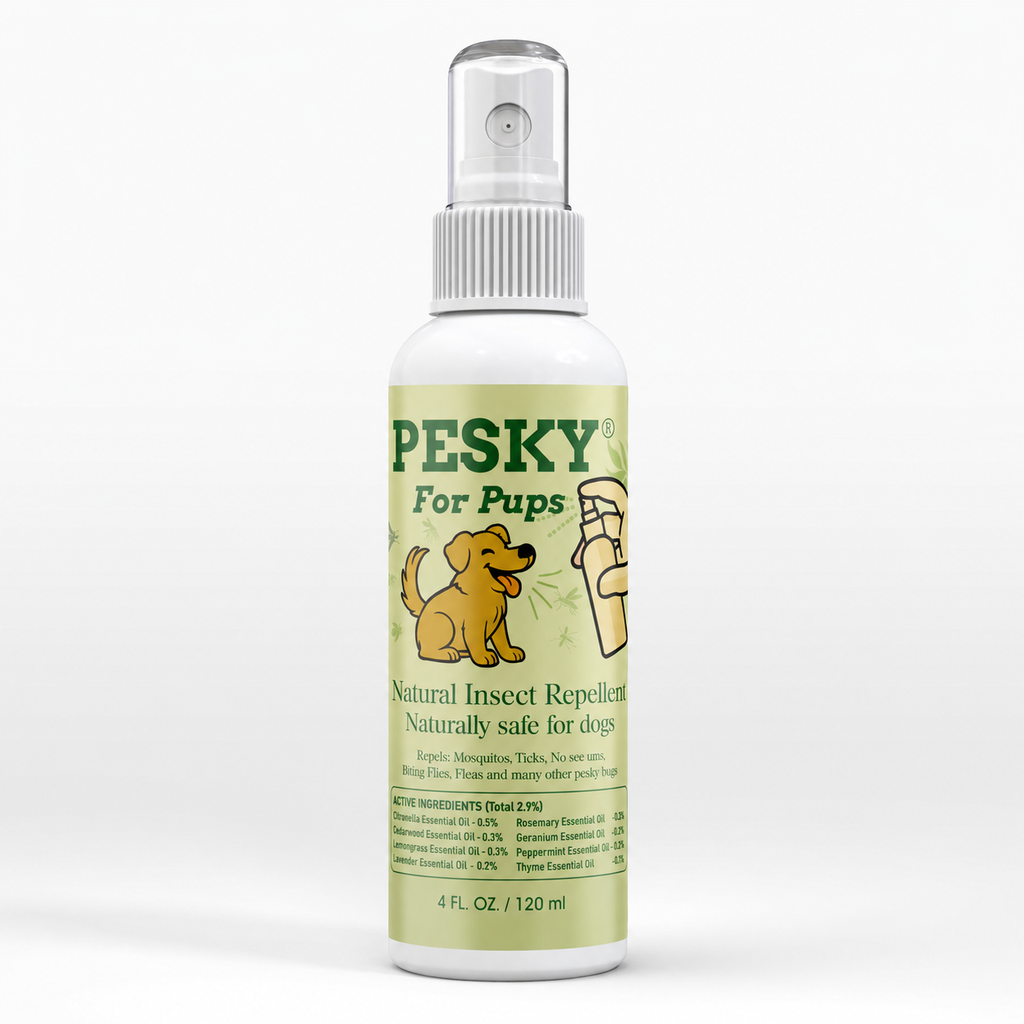 PESKY plant-based dog bug repellent spray bottle with natural essential oils for outdoor pets