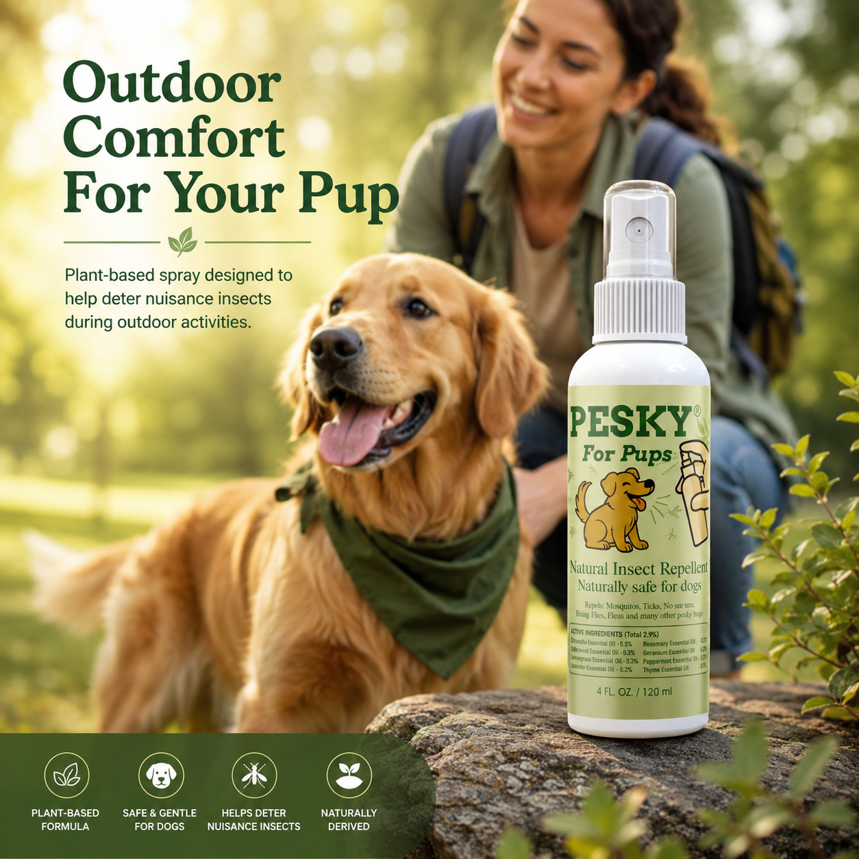 Plant-based dog insect repellent spray bottle by PESKY in lightweight 2oz travel size — view 4