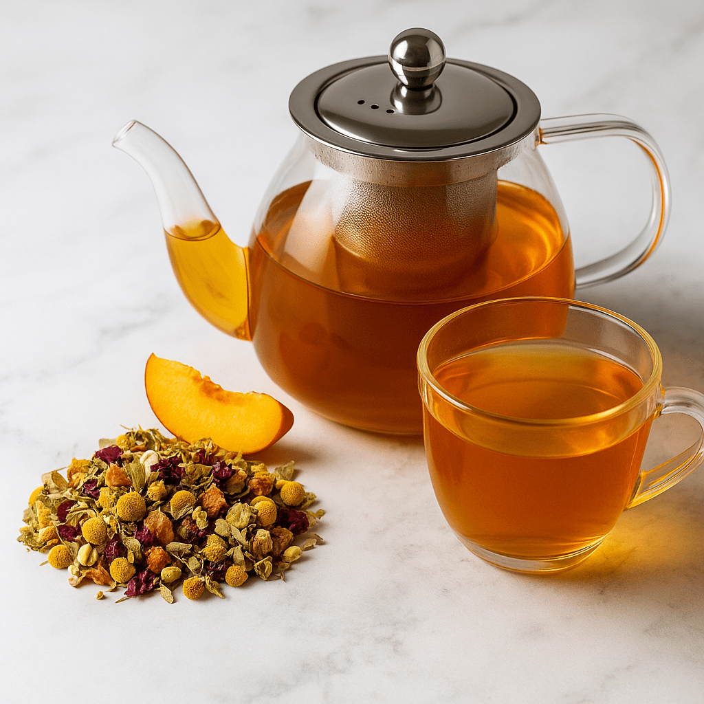 Peachy chamomile loose leaf herbal tea blend with dried flowers and sweet peach pieces — view 4