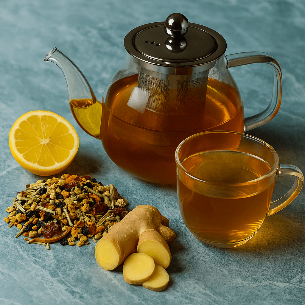 Ginger and lemongrass loose leaf tea blend with dried herbs and fruits in a cup — view 4
