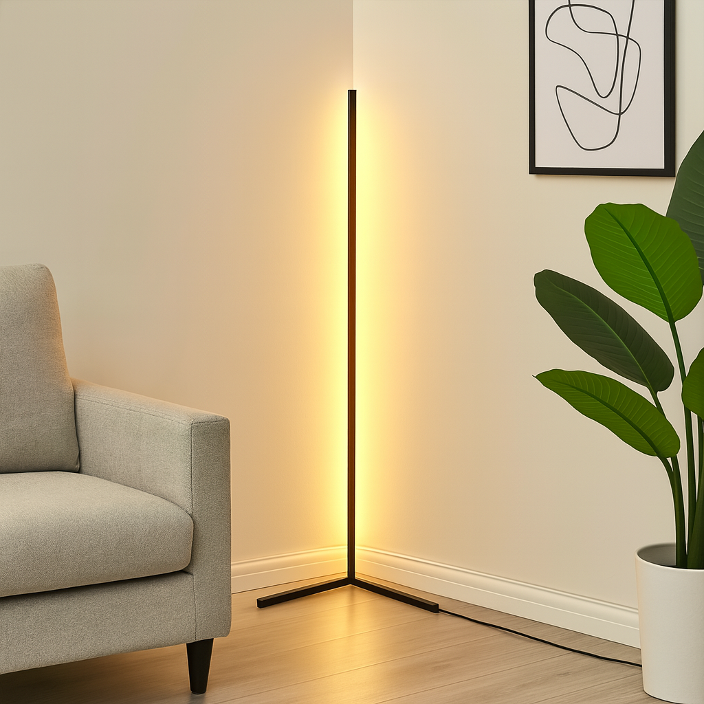 Black minimalist RGB corner floor lamp illuminating a living room with vibrant multicolored LED lighting — view 3
