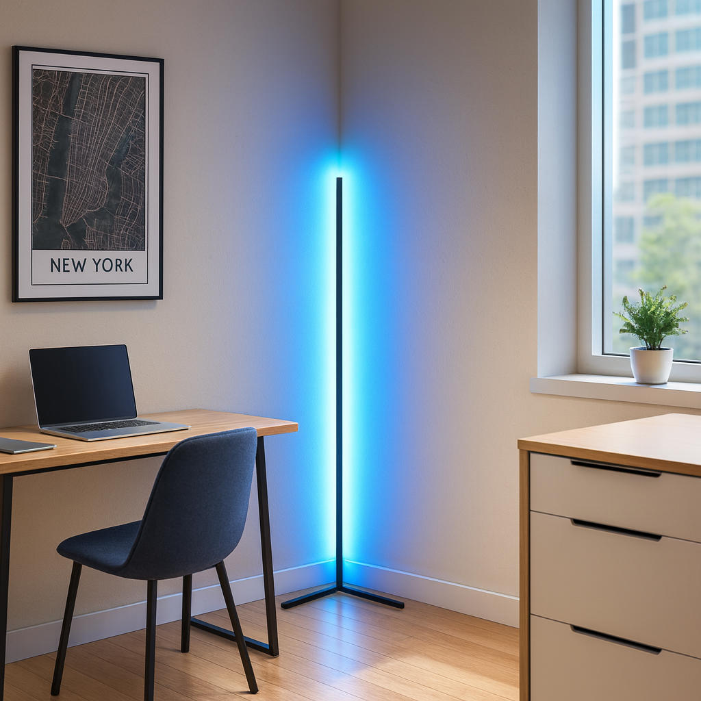 Black minimalist RGB corner floor lamp illuminating a living room with vibrant multicolored LED lighting — view 4
