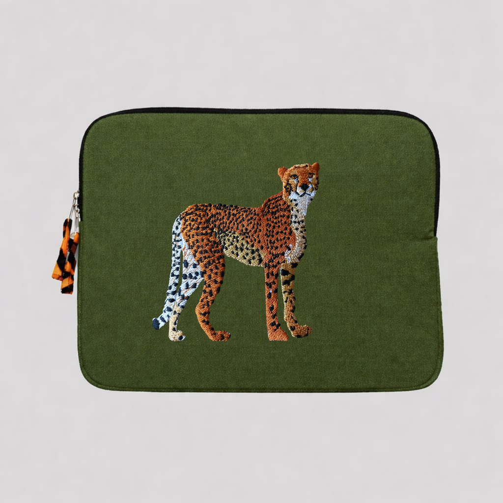 Handmade cotton canvas cheetah laptop sleeve in warm earthy tones featuring detailed animal embroidery — view 4