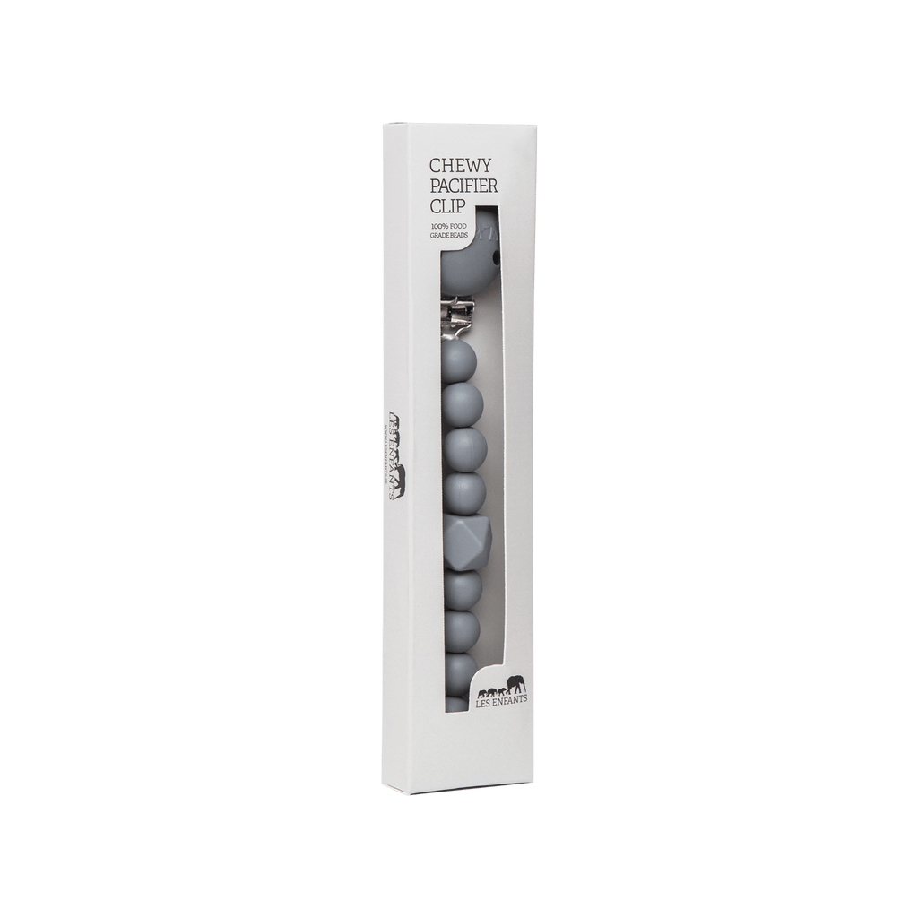 Grey chewy pacifier clip with soft textured teething beads and secure garment fastener