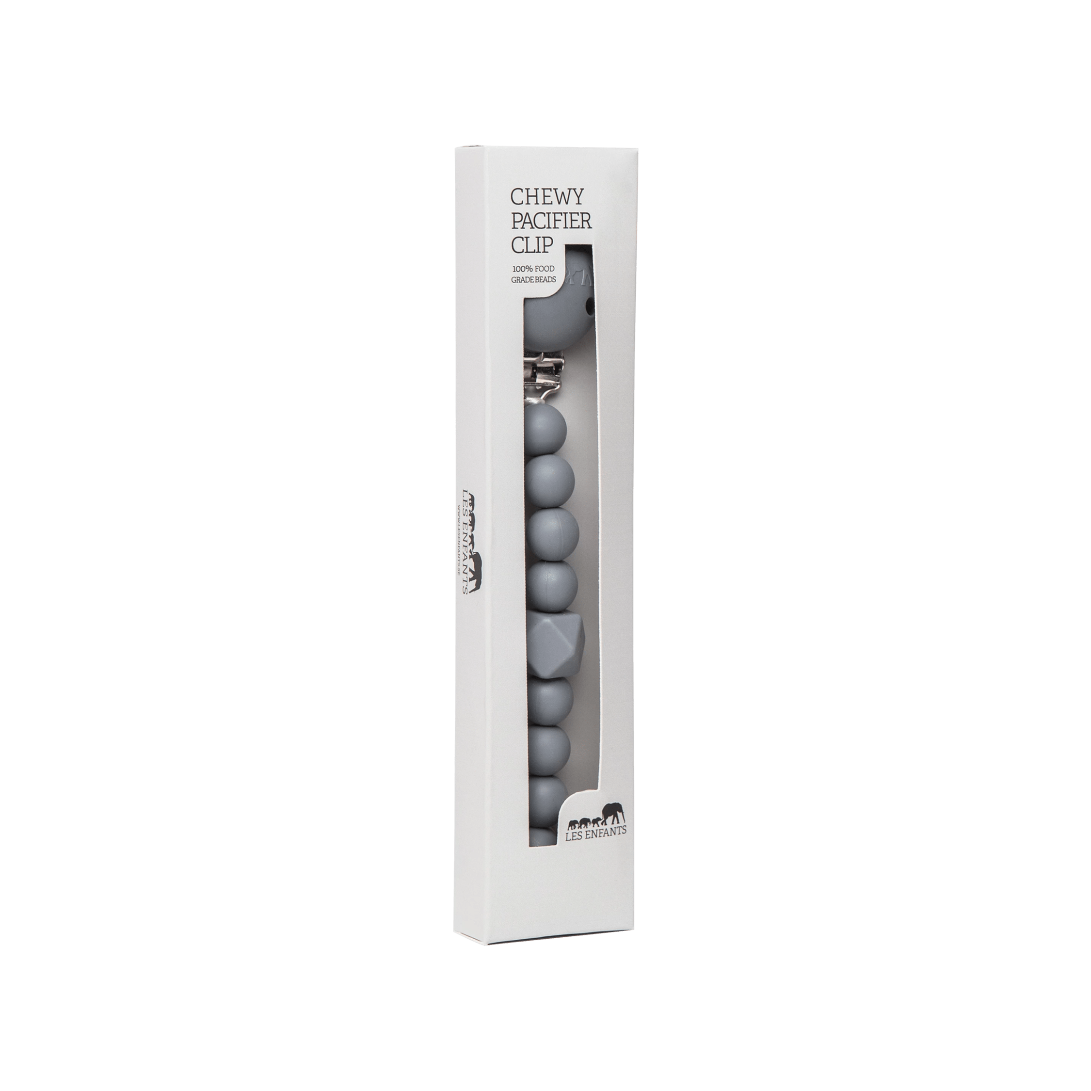 Grey chewy pacifier clip with soft textured teething beads and secure garment fastener