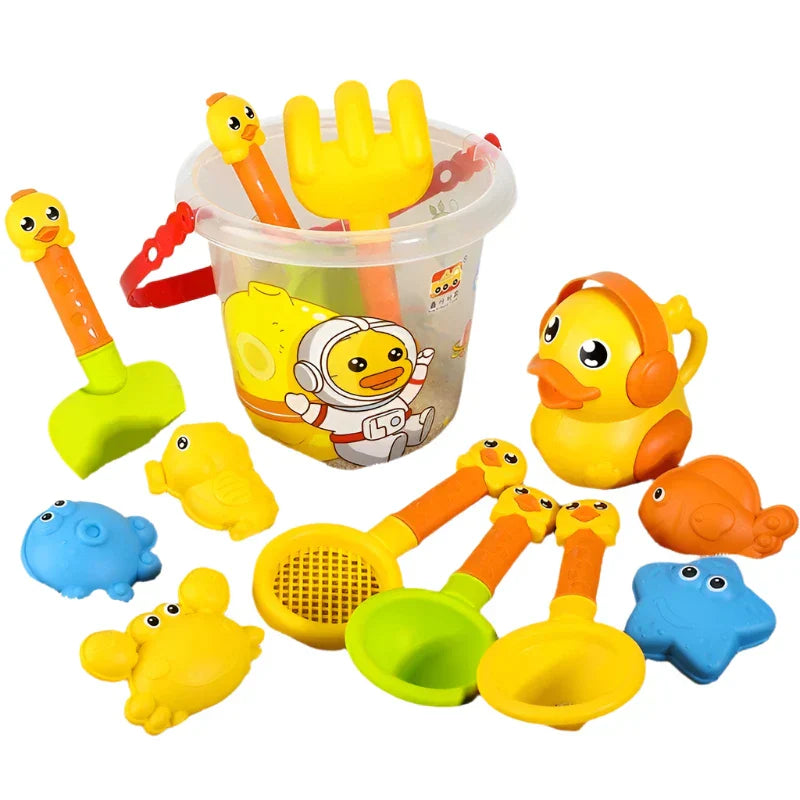 14-piece colorful plastic kids sand and water beach toy set with bucket and duck mold