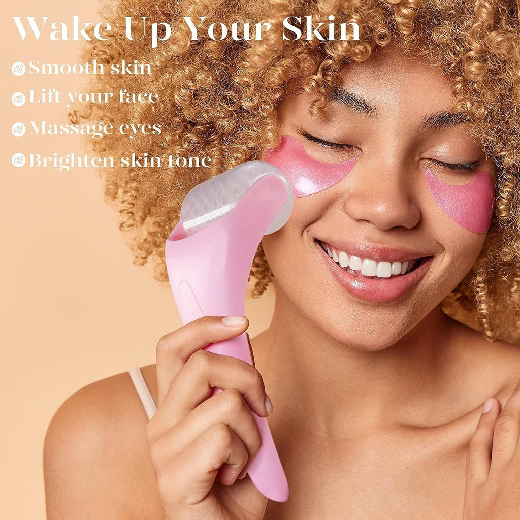 Facial ice roller massage device in pastel colors for skincare and depuffing treatments.