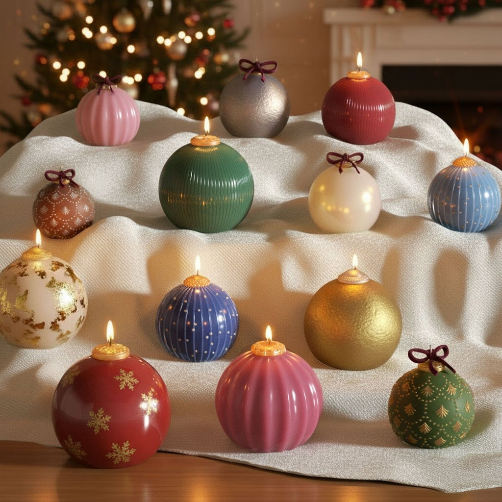 Christmas bauble silicone mold for 3D candle making with vintage textured ornament designs