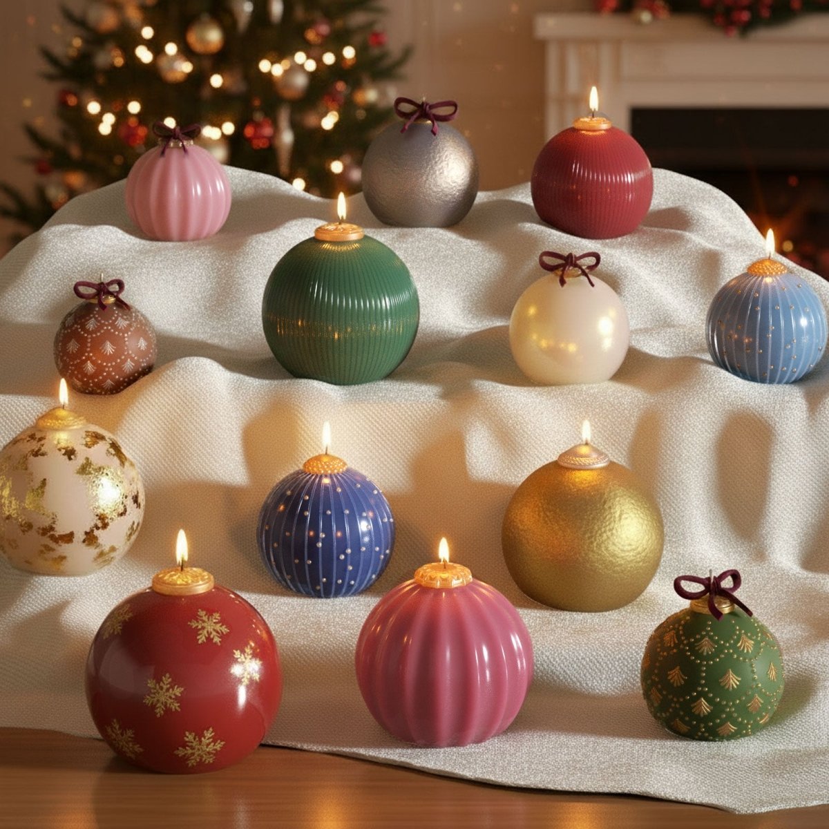 Christmas bauble silicone mold for 3D candle making with vintage textured ornament designs