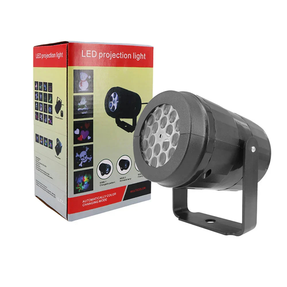 Black rotating LED Christmas snowflake projector light casting magical holiday patterns on indoor walls