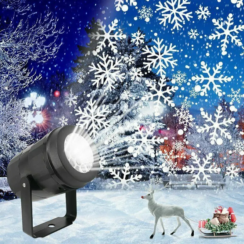 Black rotating LED Christmas snowflake projector light casting magical holiday patterns on indoor walls — view 3