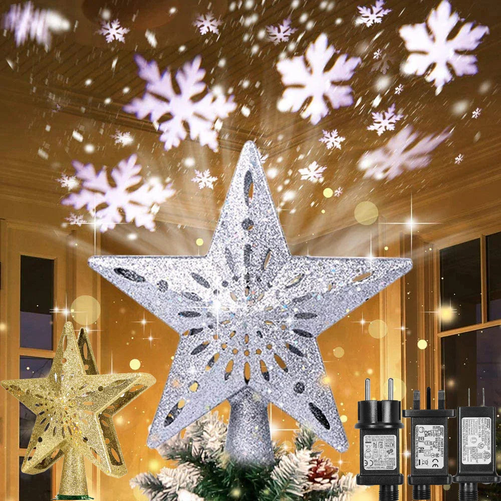 Silver 3D glitter star Christmas tree topper with rotating LED snowflake projector and base — view 2
