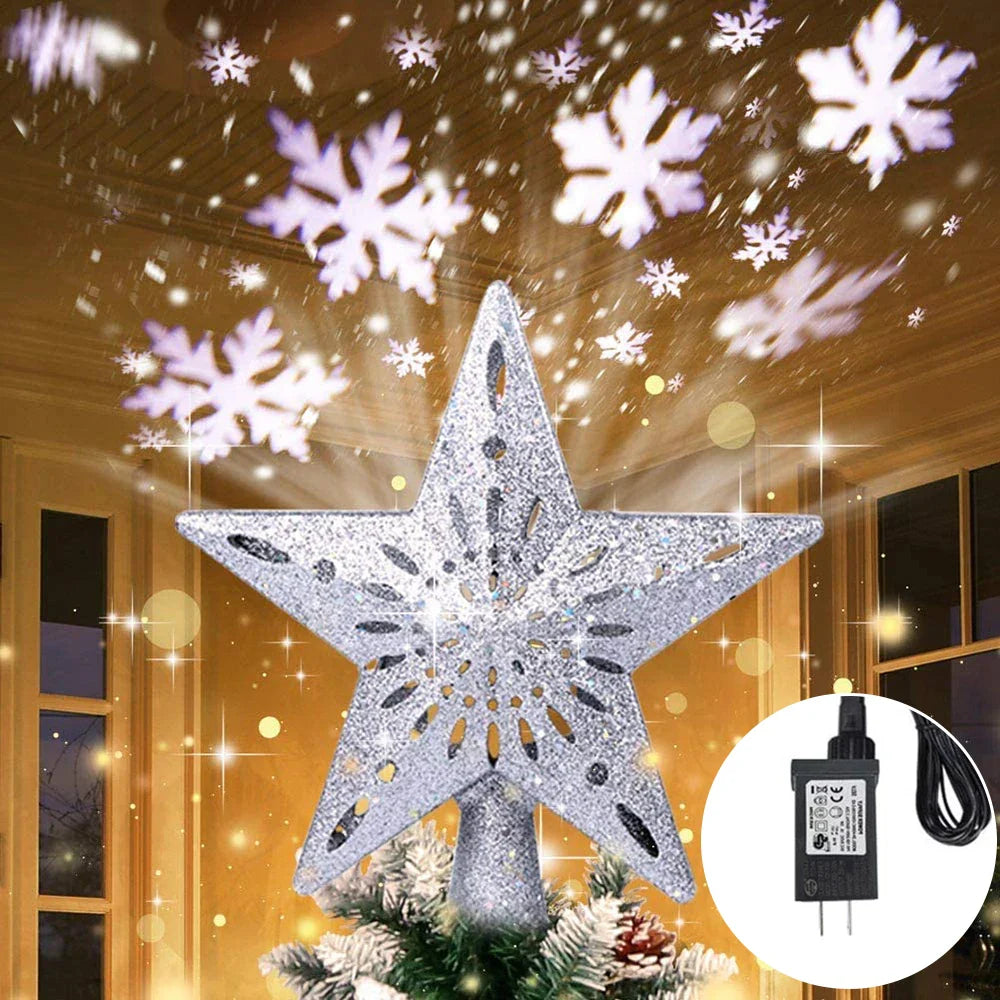 Silver 3D glitter star Christmas tree topper with rotating LED snowflake projector and base — view 4