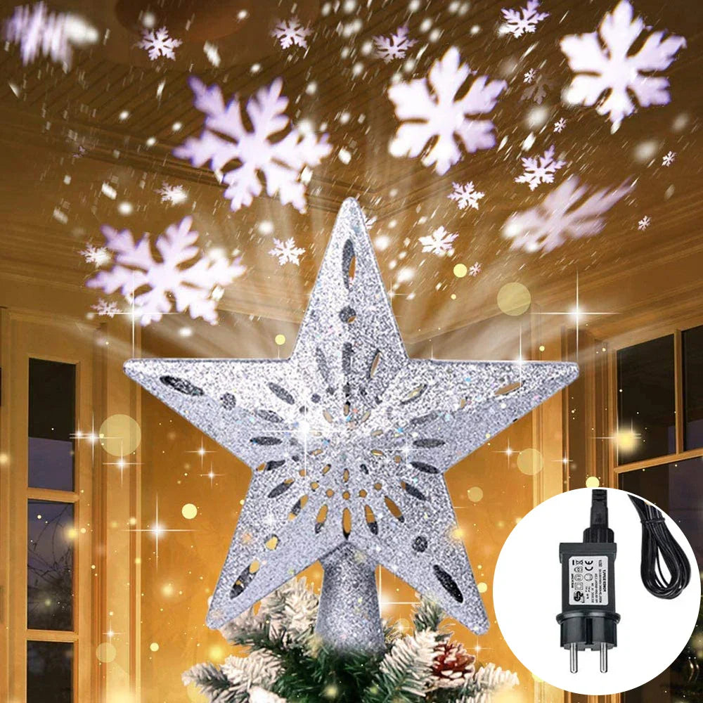 Silver 3D glitter star Christmas tree topper with rotating LED snowflake projector and base — view 5