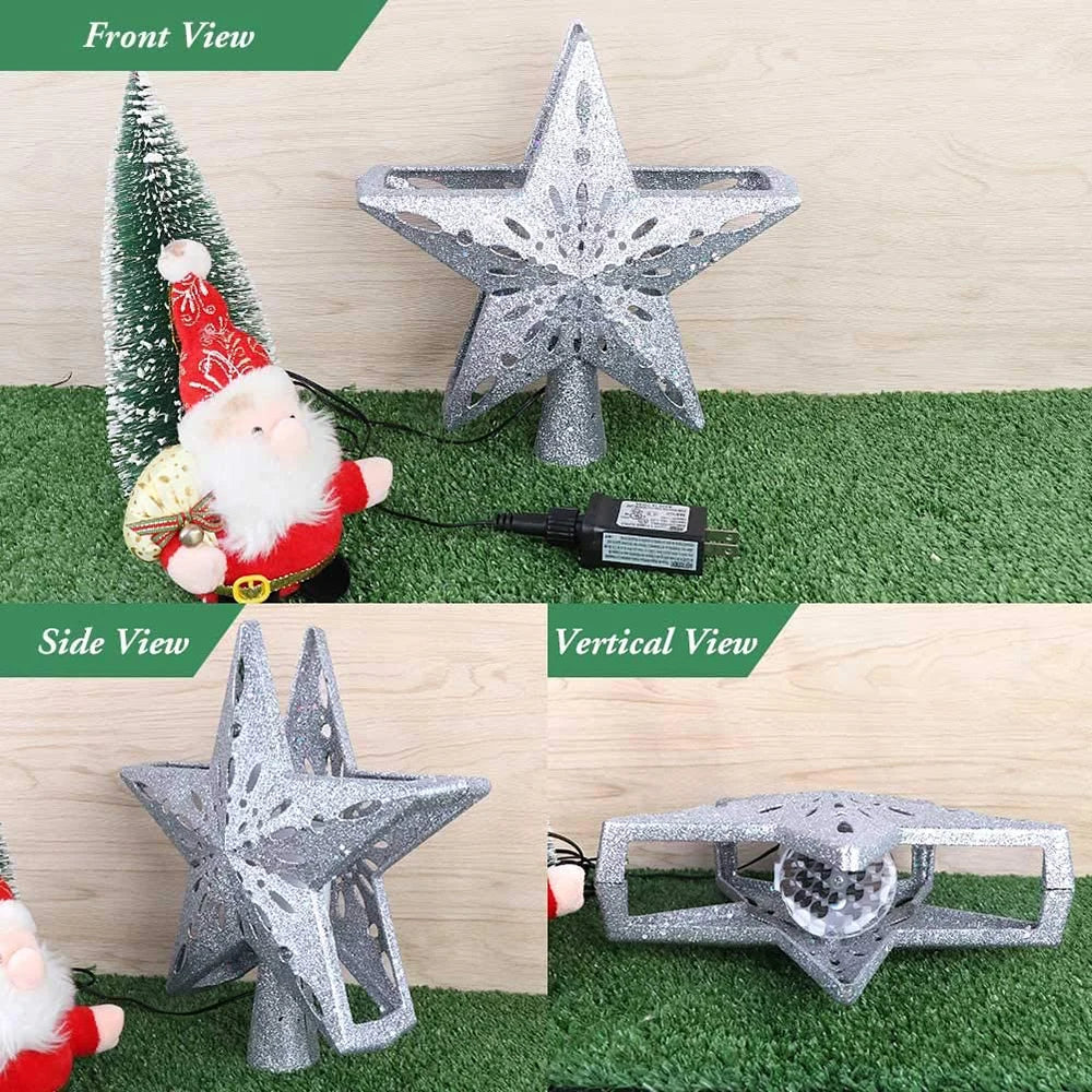 Silver 3D glitter star Christmas tree topper with rotating LED snowflake projector and base — view 3