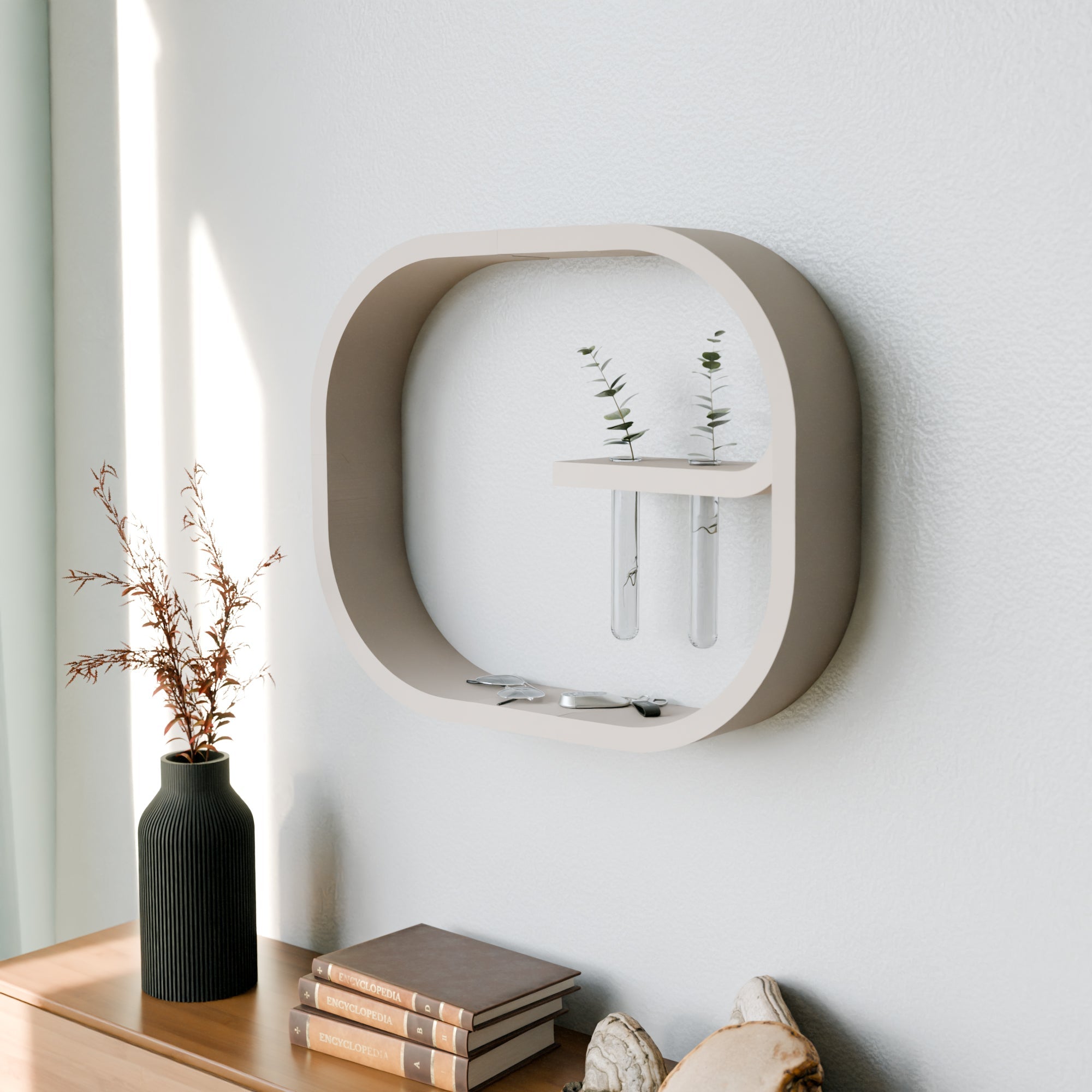 Frame floating wall shelf in modern bioplastic with two glass plant propagation tubes