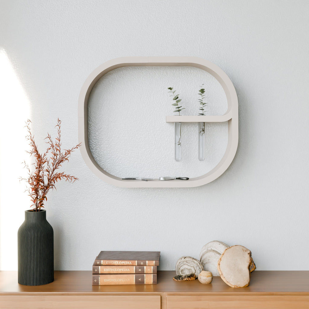 Frame floating wall shelf in modern bioplastic with two glass plant propagation tubes — view 2