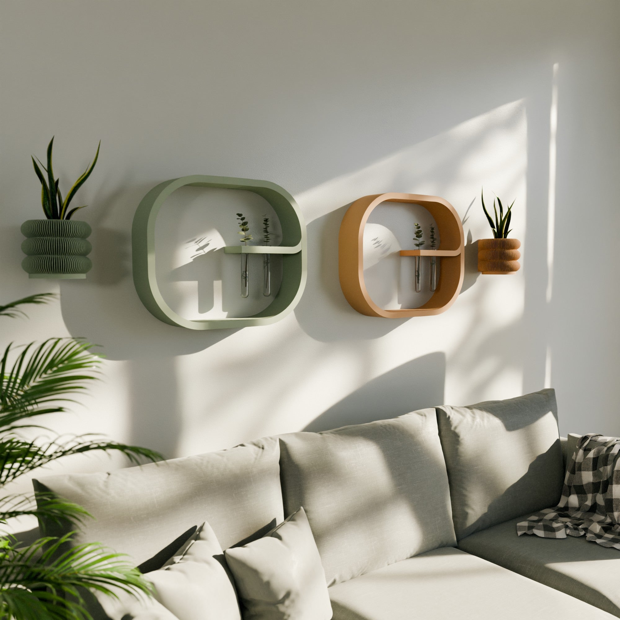 Frame floating wall shelf in modern bioplastic with two glass plant propagation tubes — view 3