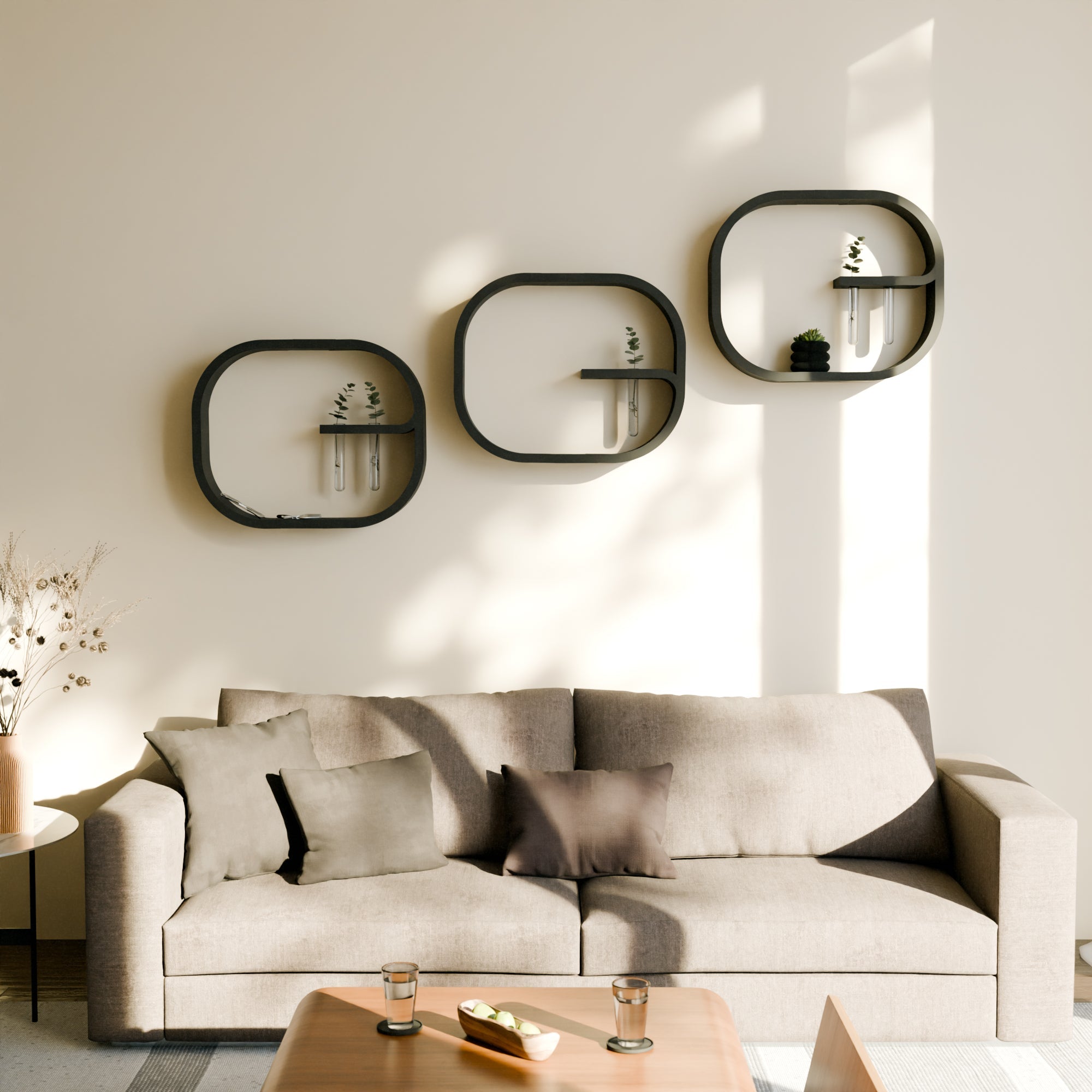 Frame floating wall shelf in modern bioplastic with two glass plant propagation tubes — view 4