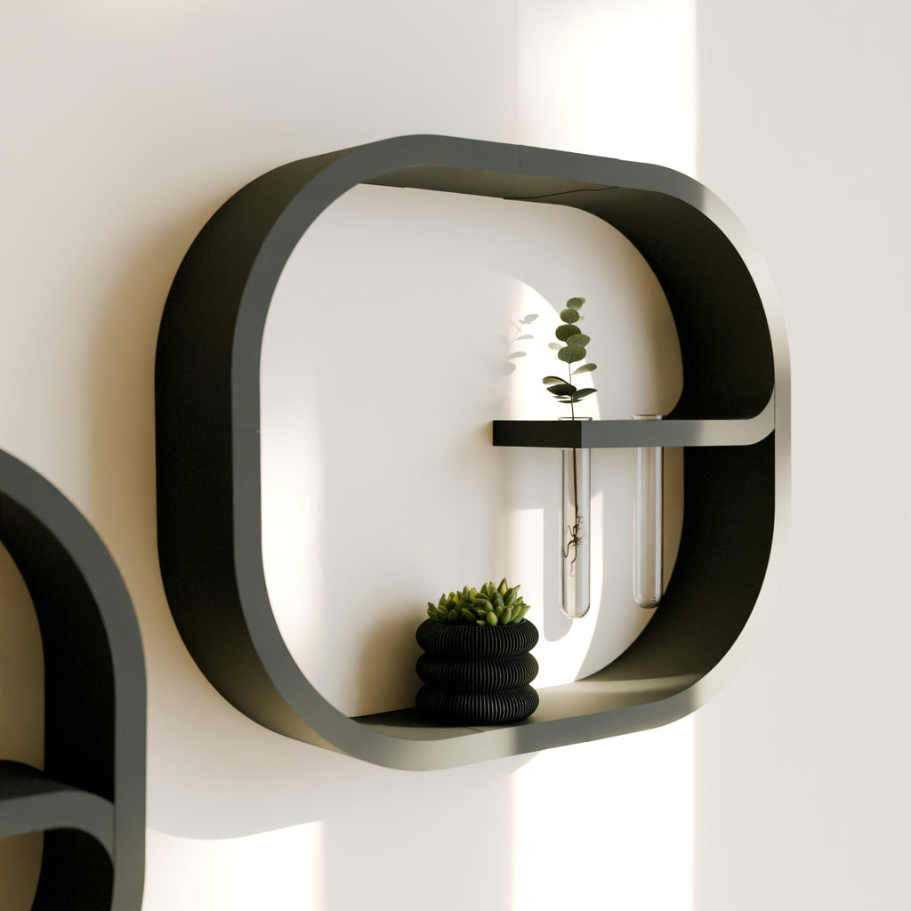 Frame floating wall shelf in modern bioplastic with two glass plant propagation tubes — view 5