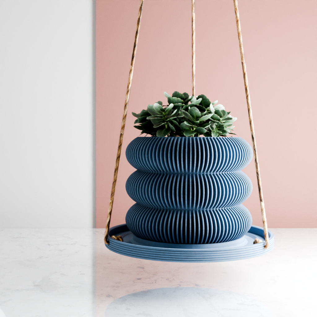 Puddle hanging plant pot tray made of recycled wood fibers with premium hemp hanging cord — view 2
