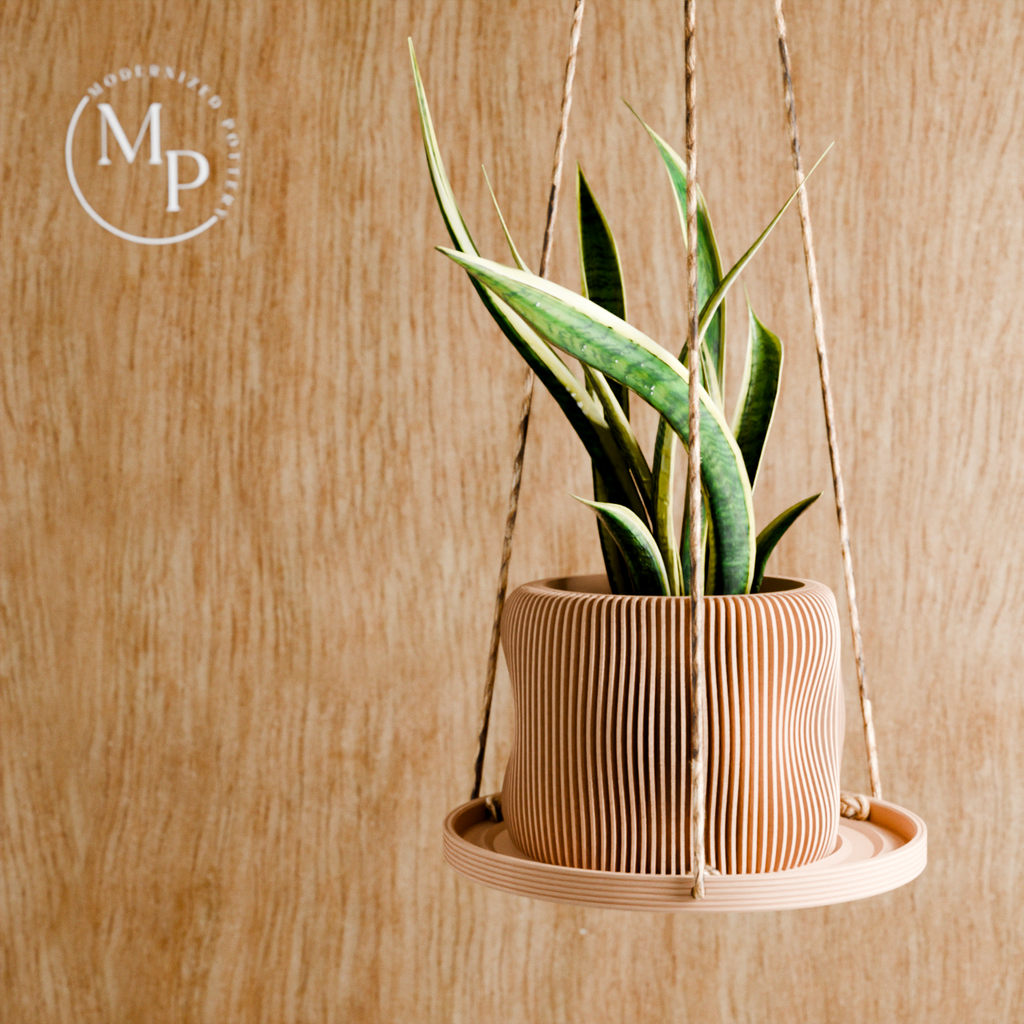 Puddle hanging plant pot tray made of recycled wood fibers with premium hemp hanging cord — view 3