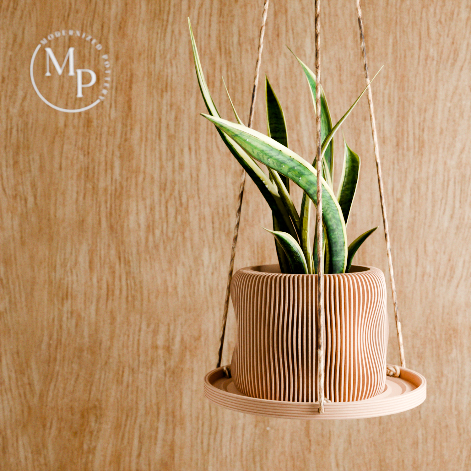 Puddle hanging plant pot tray made of recycled wood fibers with premium hemp hanging cord — view 3