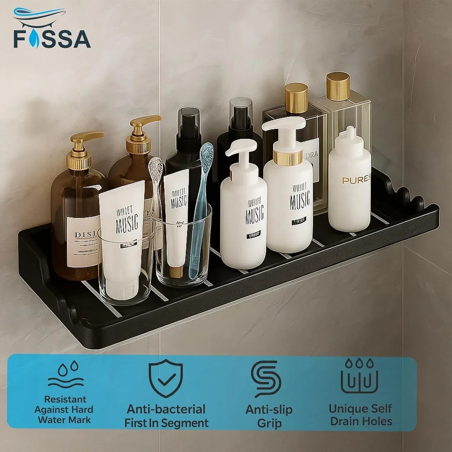Glossy black classic ceramic wall mounted bathroom shelf rack for elegant toiletry storage — view 3