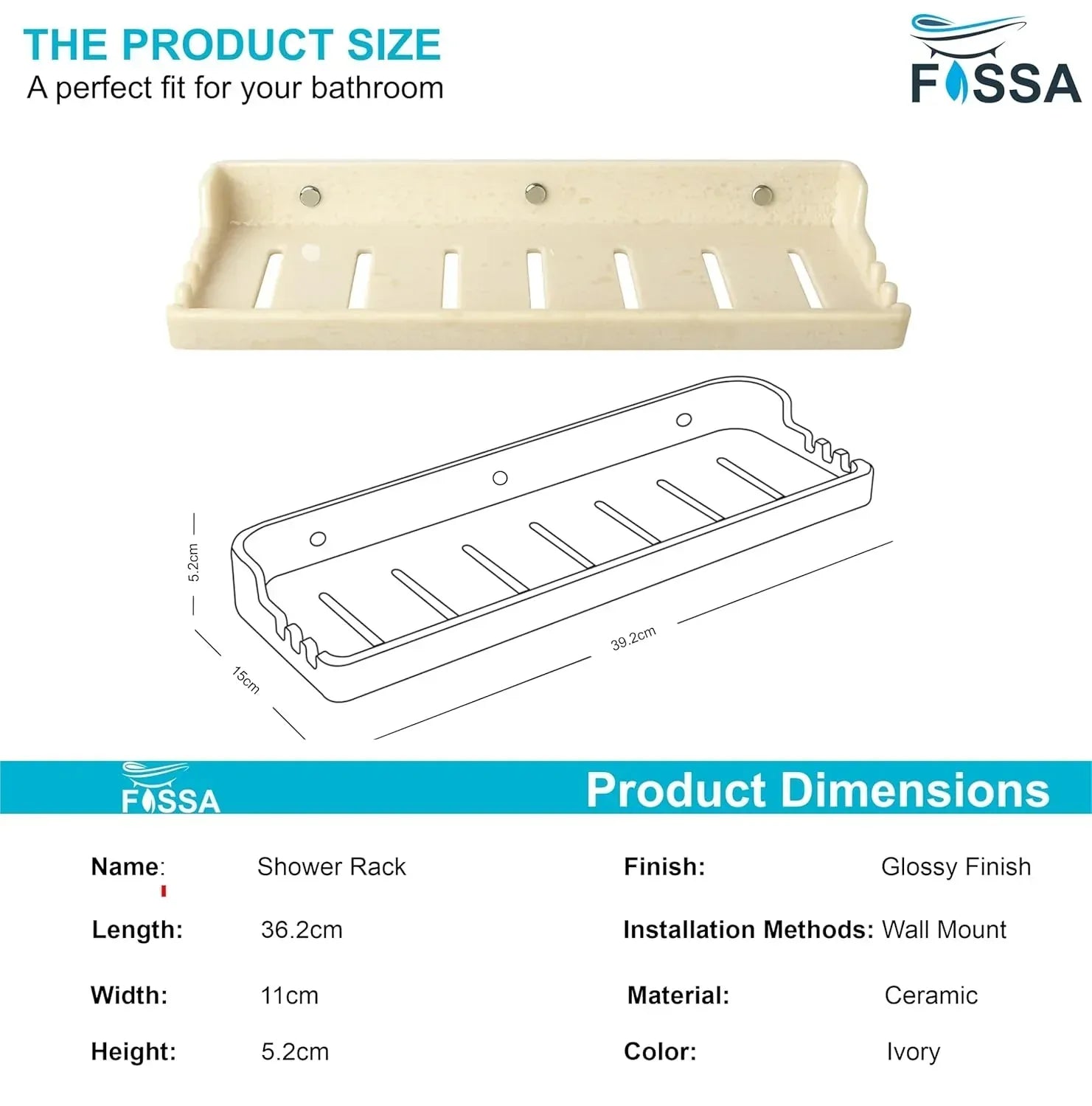 Classic ceramic wall mounted bathroom shelf rack in a glossy ivory finish for toiletries — view 2