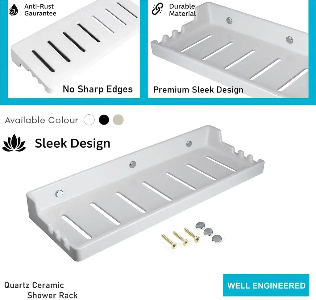 Glossy white ceramic wall-mounted bathroom shelf rack for organizing daily toiletries and cosmetics. — view 3