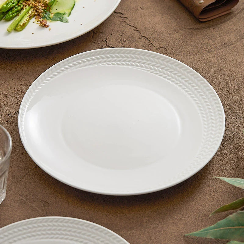 Braided rim white ceramic dinner plate with an embossed textured edge made of high-fired porcelain — view 4
