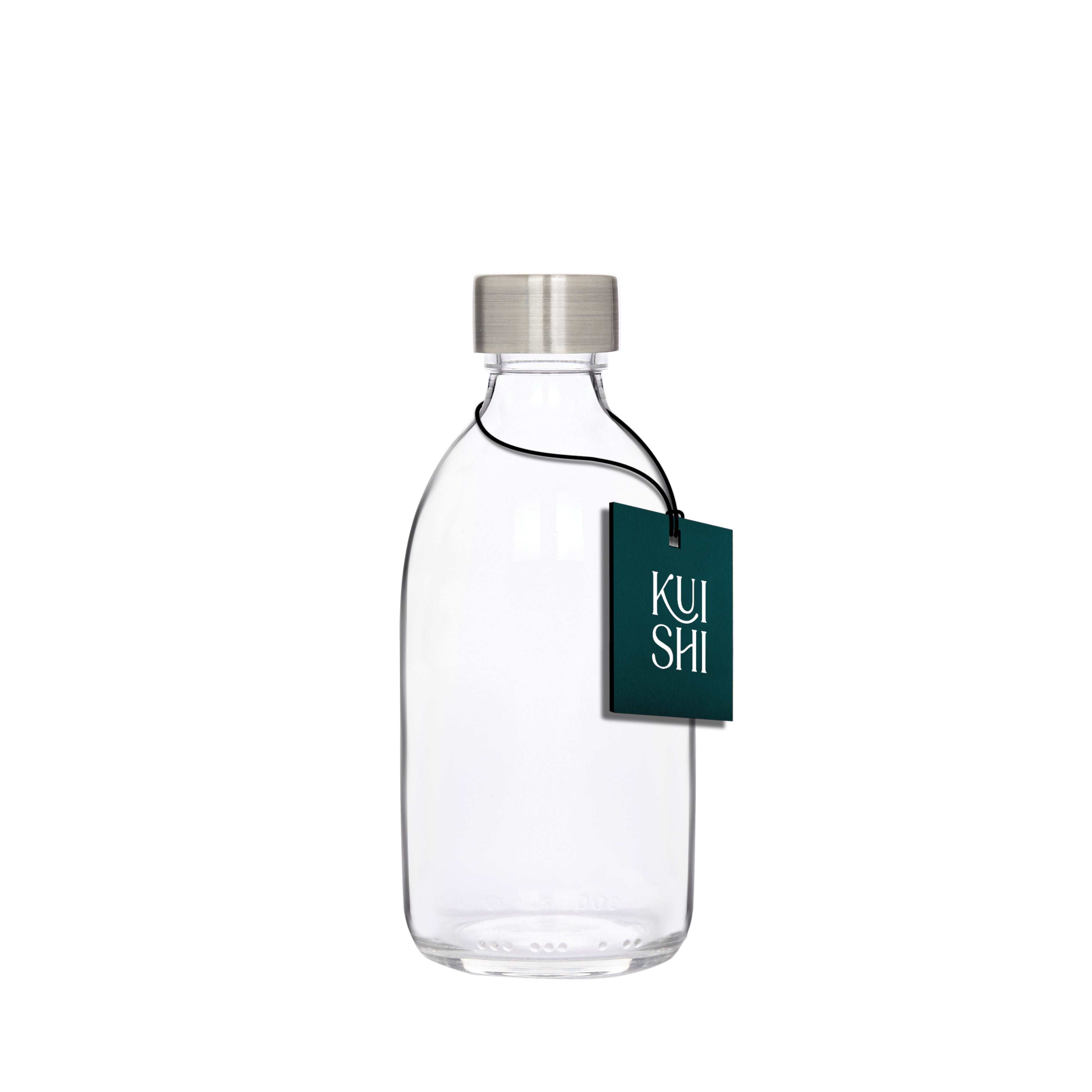 Clear glass storage bottle with a silver stainless steel screw cap for household organization — view 2