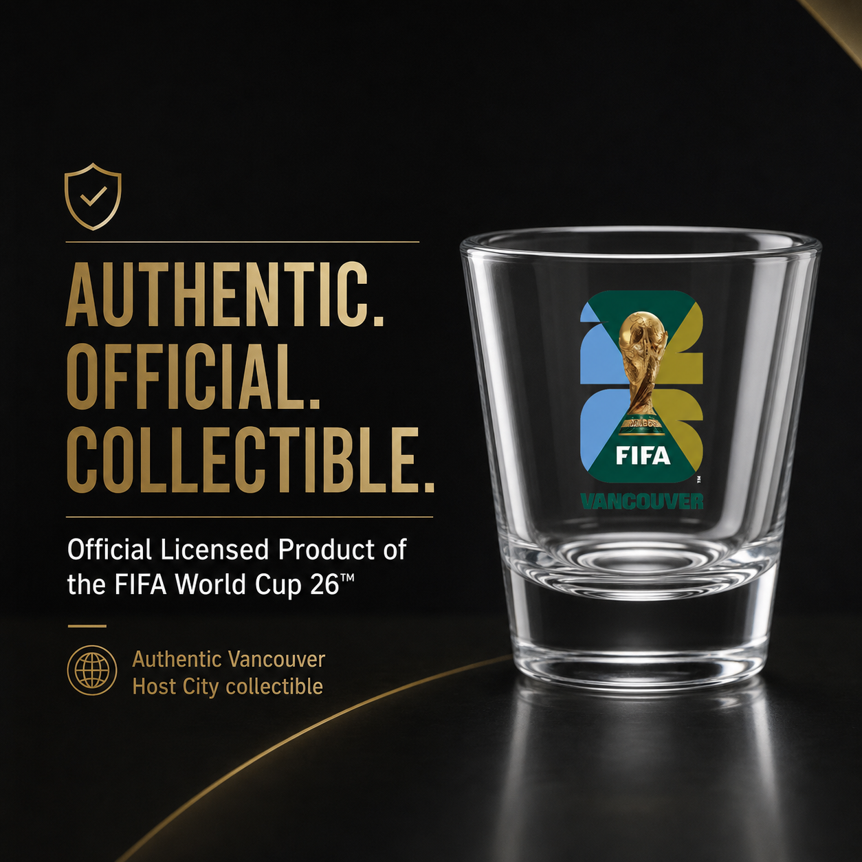 FIFA World Cup 2026 Vancouver shot glass official clear glassware souvenir with printed tournament logo — view 2