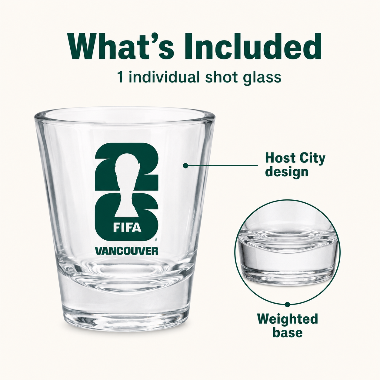Official green Vancouver FIFA World Cup 2026 commemorative shot glass for home bar display — view 5