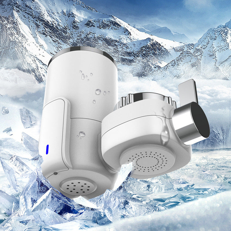 White ABS kitchen faucet water purifier attached to a metal sink tap for clean drinking water