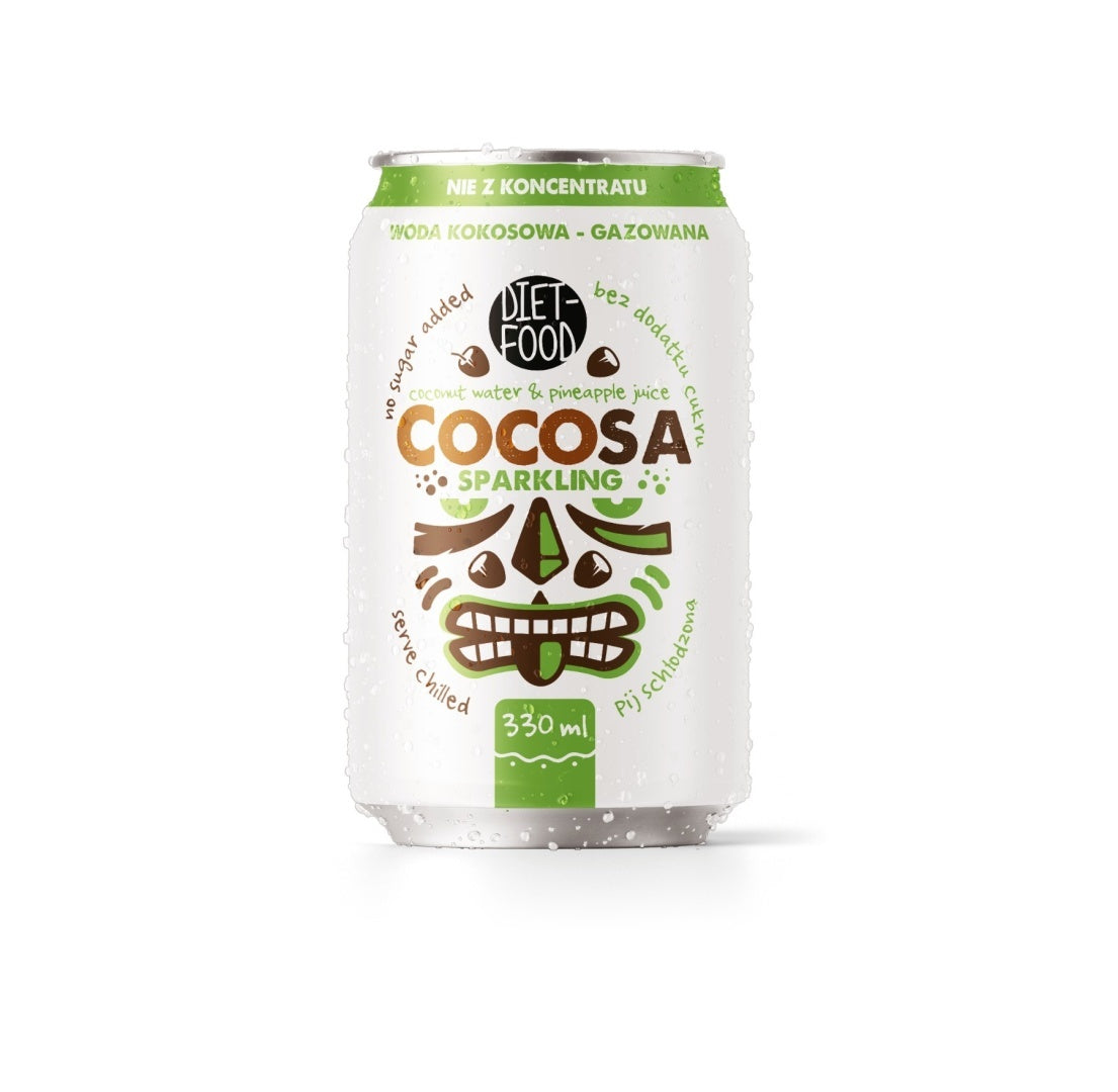 330ml can of Cocosa sparkling coconut water, a refreshing natural isotonic drink with tropical flavor — view 2